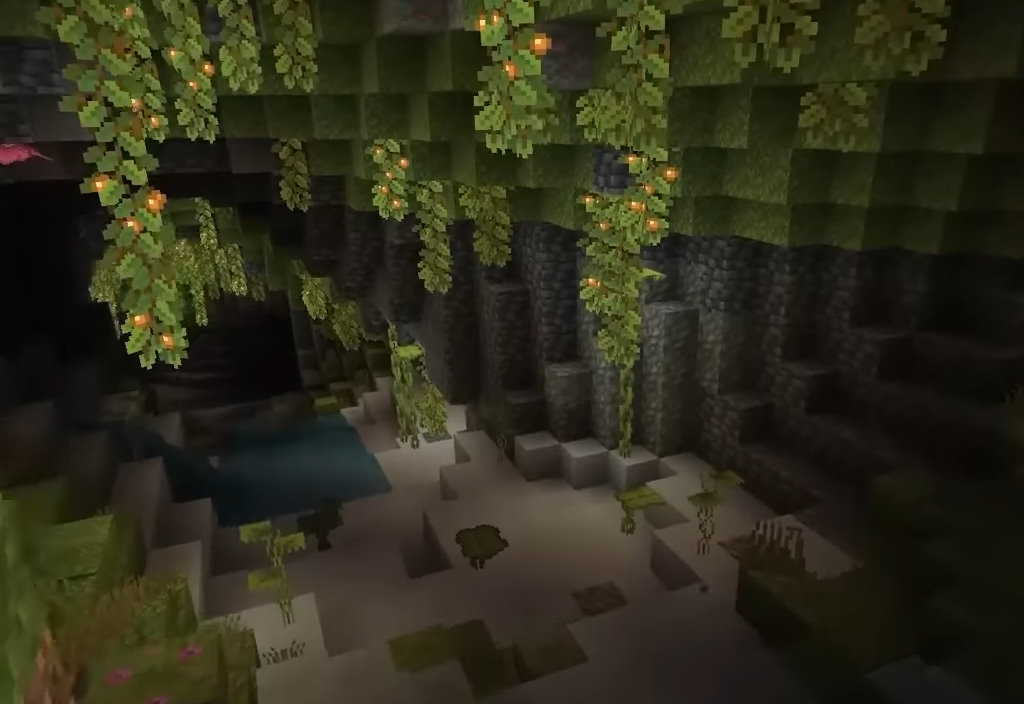 Lush underground cave in a block-building game