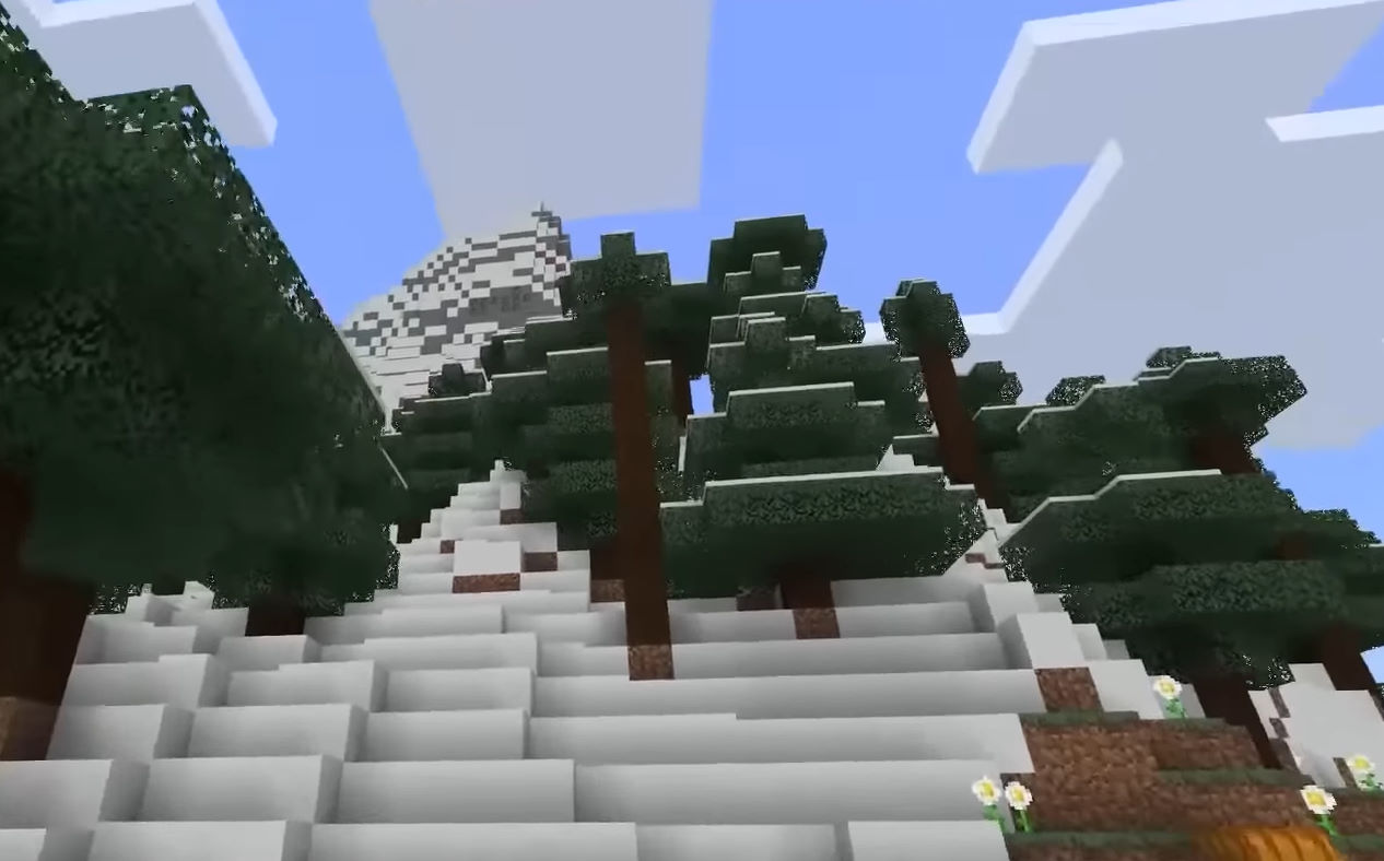 Snowy mountain range in a block-building game